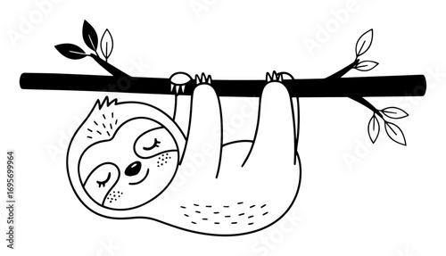 cute sloth hanging on a branch cartoon coloring page