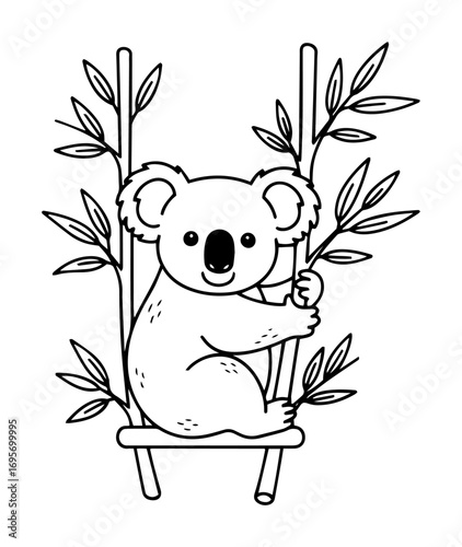 cute koala on bamboo swing cartoon coloring page