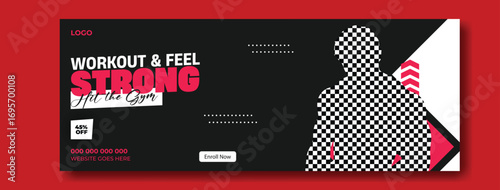 Muscular man with intense expression and workout text overlay for fitness advertising and gym promotion