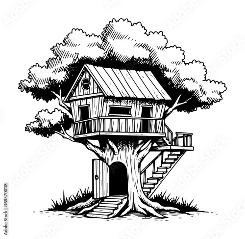 tree house vintage sketch vector illustration