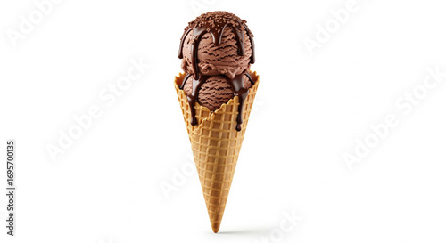 Two scoops of chocolate ice cream, drizzled with chocolate sauce, served in a crispy waffle cone.