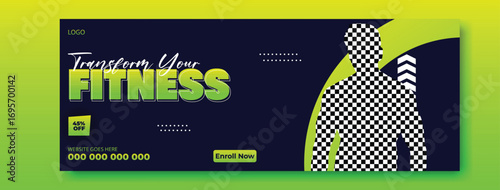 Muscular man with defined abs and chest stands next to bold green text promoting fitness and transformation