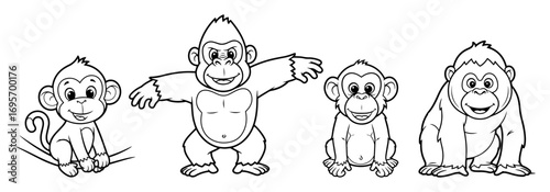 cute cartoon monkey and gorilla set vector illustration