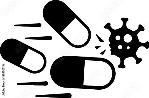 Medicine Capsules Chasing Away Virus - Cure Concept Vector With White Background 