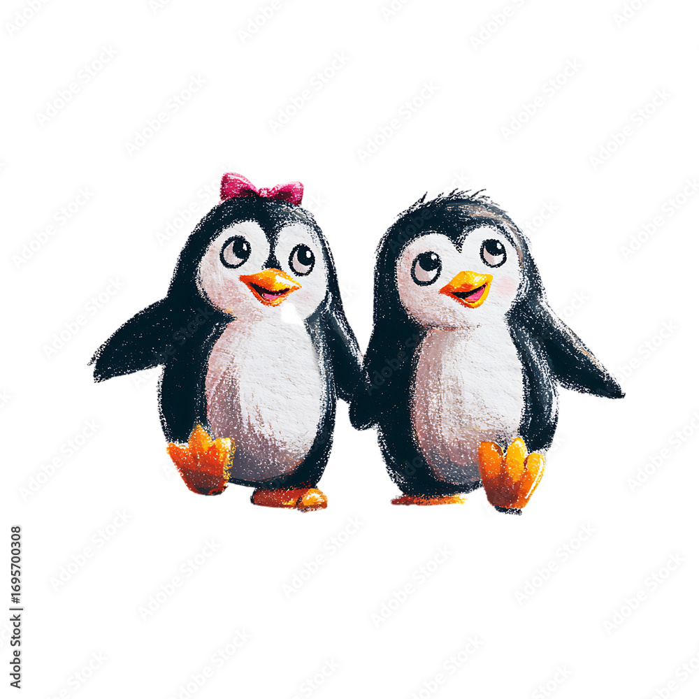 Fototapeta premium Adorable penguins holding hands, perfect for Valentine's Day or children's designs.