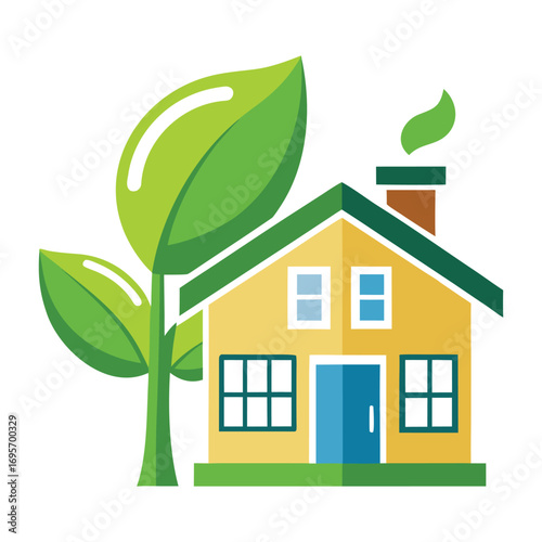 a house with a green leaf and a chimney