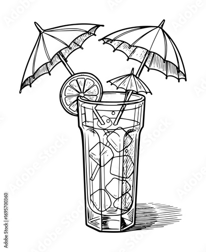 hand drawn summer cocktail with ice and umbrella sketch