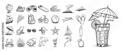 big set of hand drawn summer travel and vacation icons