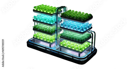 Innovative vertical farm isolated on transparent background, showcasing sustainable agriculture, urban farming, and the future of food production with hydroponic technology