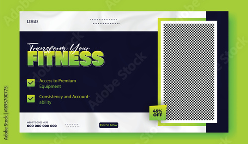 Modern fitness social media post template with gym workout image and motivational text