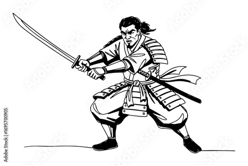 black and white hand drawn samurai warrior with sword