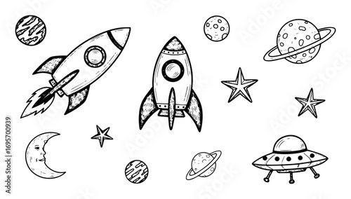 hand drawn rockets and space elements black and white