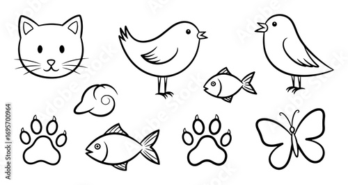 cute doodle animals and nature elements in black and white