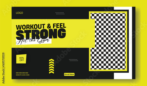 Fitness motivation graphic with muscular man and bold text workout and feel strong