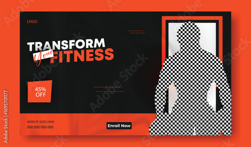 Muscular man with defined abs posing in gym with transform your fitness text overlay