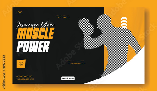 Muscular man showing biceps and abs with motivational text for fitness and gym promotion