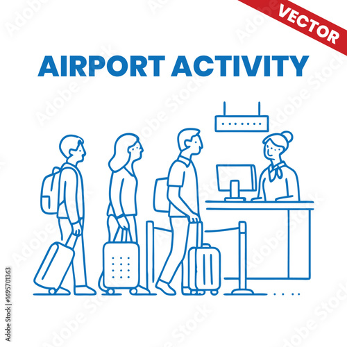 Passengers waiting in line at check-in counter outline graphic illustration airport activity