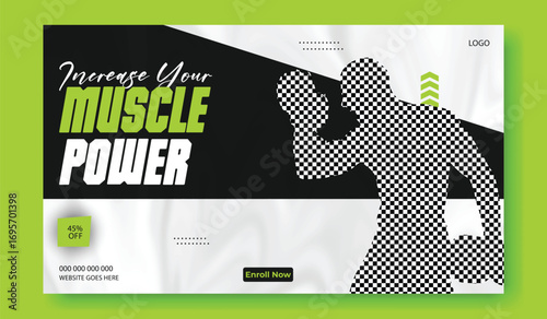Muscular man with abs lifting weights and text about increasing muscle power