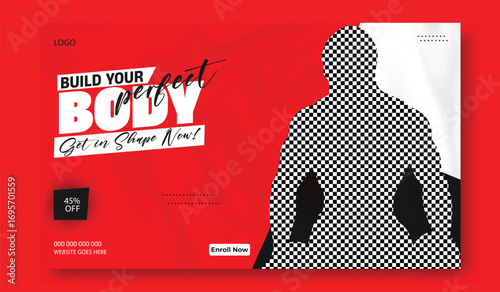 Muscular man with defined abs and chest posing powerfully on a vibrant red background with motivational text