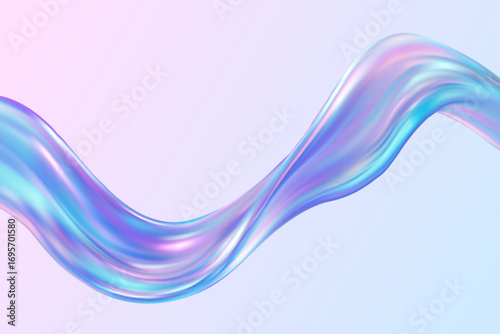 3D glass wave ribbon on soft gradient background. Liquid iridescent texture in pastel blue and pink tones creates elegant flowing design. Modern vector wallpaper for luxury, cosmetic or digital art