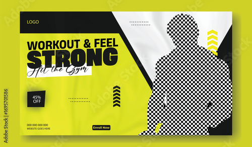 Muscular man holding dumbbell promoting workout and feeling strong with motivational gym design