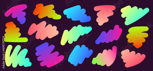 Abstract gradient shapes set with neon colors on dark background. Vibrant multicolor blobs in pink, blue, green and orange tones. Modern fluid design elements for vector graphic, web, banner or poster