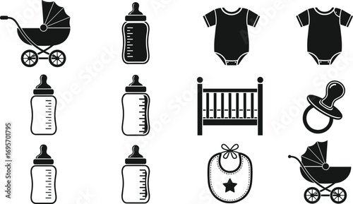 Baby care icon vector set featuring stroller, bottle, onesie, crib, pacifier, bib—black and white infant essentials collection