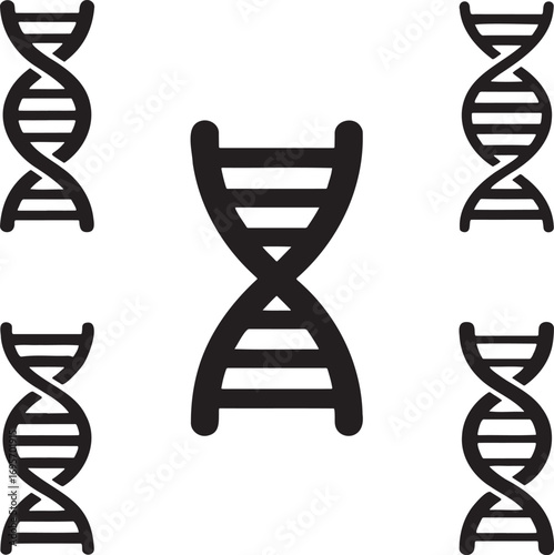 Set of DNA Helix Icons – Black Molecular Structure Silhouettes for Science, Genetics, and Medical Design 