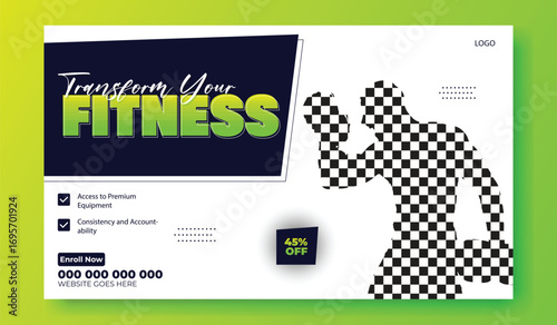 Transform your fitness with a muscular man holding weights and motivational text