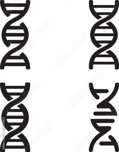 Set of DNA Helix Icons – Black Molecular Structure Silhouettes for Science, Genetics, and Medical Design 