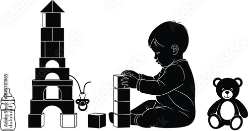 Baby silhouette vector of child playing with blocks, surrounded by teddy bear, bottle, pacifier—early development and playtime concept