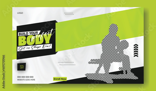 Muscular man performing dumbbell curls while sitting on a weight bench in a gym with vibrant green accents