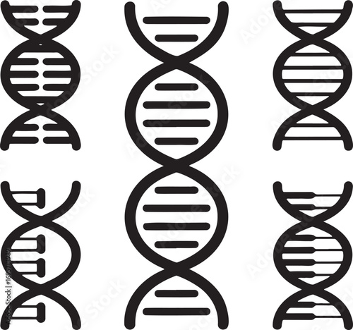 Set of DNA Helix Icons – Black Molecular Structure Silhouettes for Science, Genetics, and Medical Design 