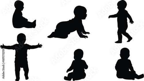 Baby silhouette vector set showing developmental stages from sitting and crawling to walking and standing, infant movement and posture icons