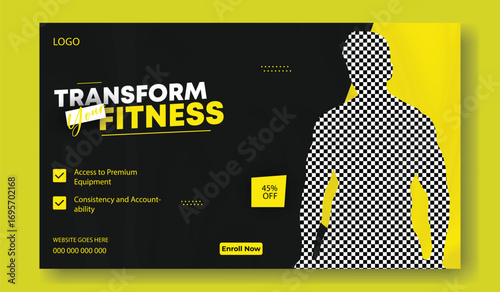 Muscular man with defined abs standing confidently in a gym setting promoting fitness transformation