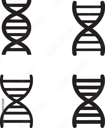 Set of DNA Helix Icons – Black Molecular Structure Silhouettes for Science, Genetics, and Medical Design 