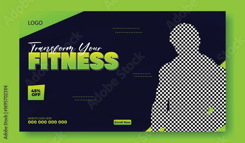 Muscular man with dumbbell transforming fitness with vibrant green and dark blue background and text