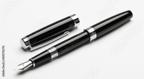 A shiny black fountain pen with its cap resting beside it on a white surface.