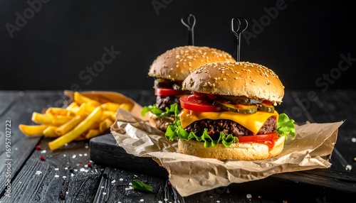 Two delicious looking burgers with french fries on a dark wooden surface