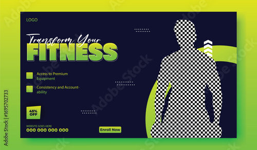 Dynamic fitness promotion with muscular man and neon green text on dark background
