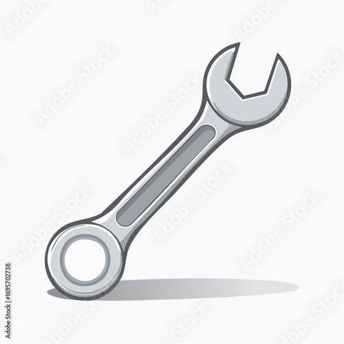 Cartoon illustration of a metallic combination wrench or spanner tool for repair and maintenance work, isolated on a white background