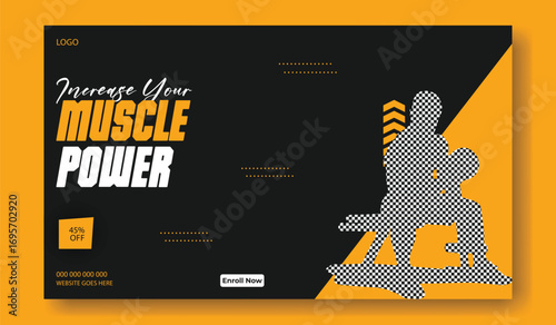 Muscular man with dumbbell on bench in gym with motivational text about muscle power