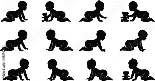 Crawling baby silhouette vector set showing developmental stages and playful poses, infant movement progression, side profile icons with teddy bear