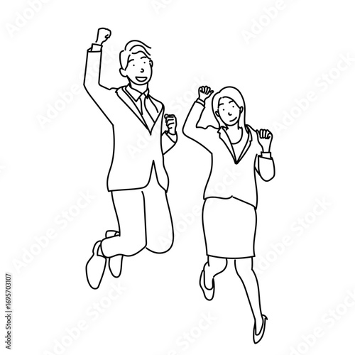 スーツ姿の男女ビジネスパーソンがガッツポーズでジャンプする線画ベクターイラスト｜成功や達成を象徴する白黒のシンプルな人物素材