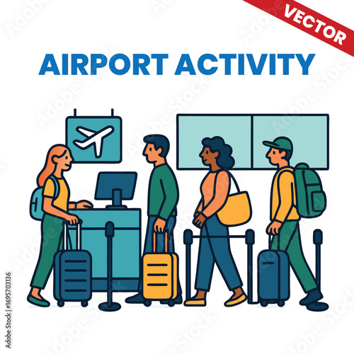 Airport Activity Vector Illustration Airline Passengers Lining Up at Check-in Counter in Airport Terminal Airport Activity Vector Illustration