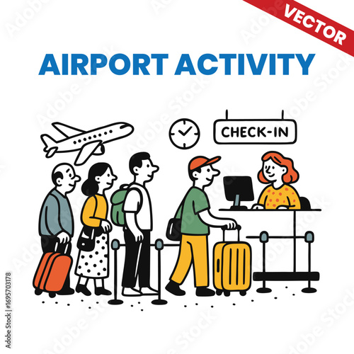 Airport Activity Vector Illustration Passengers Waiting in Line at the Check-in Counter at an Airport Activity Vector Illustration