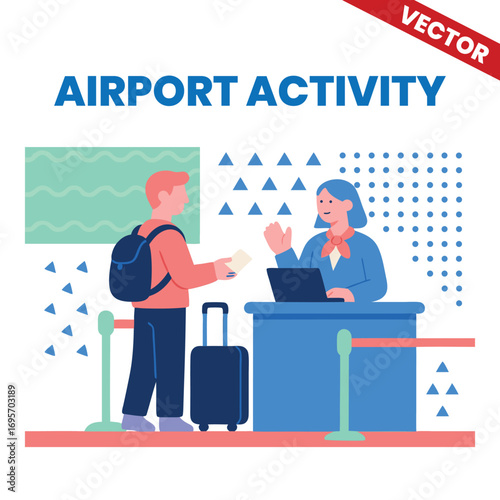 Airport Activity Vector Illustration Travelers Standing in Queue for Check-in at Airport Counter Airport Activity Vector Illustration