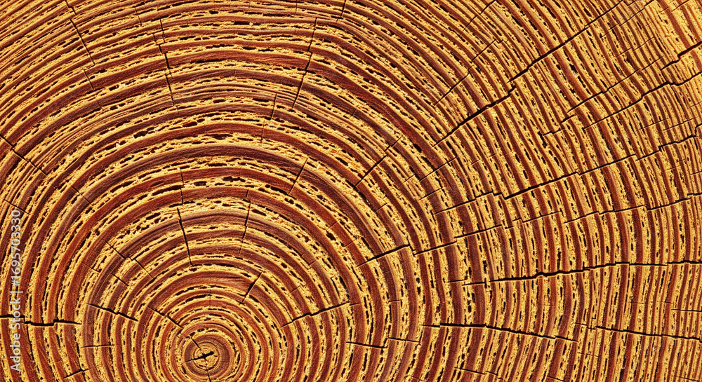 Naklejka premium Macro shot of an ancient tree cross-section, showcasing hundreds of years of growth rings, ultra detailed wood textures