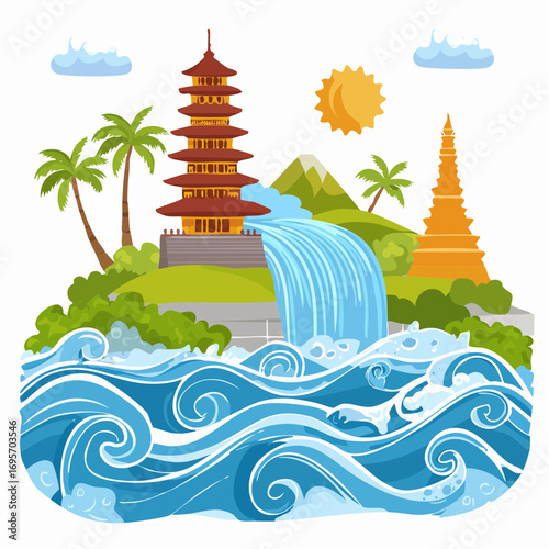 Vibrant illustration of an Asian paradise with temples, a waterfall, and ocean waves.