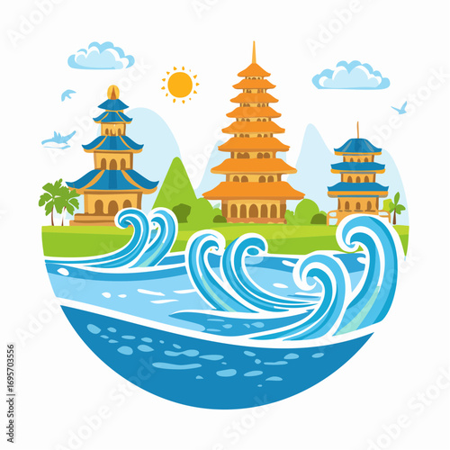 Stylized Japanese landscape with traditional pagodas, mountains, and ocean waves in a circular frame.